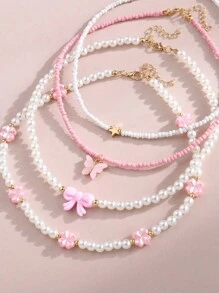 4pcs/Set Pink Heart & Butterfly Decor Pearl Bead Handmade Children Necklace - Pink - View 2