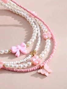 4pcs/Set Pink Heart & Butterfly Decor Pearl Bead Handmade Children Necklace - Pink - View 3