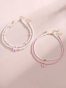 4pcs/Set Pink Heart & Butterfly Decor Pearl Bead Handmade Children Necklace - Pink - View 5