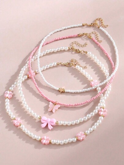 4pcs/Set Pink Heart & Butterfly Decor Pearl Bead Handmade Children Necklace