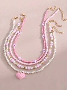 4pcs/Set Pink Heart & Butterfly Decor Pearl Bead Handmade Children Necklace - Pink - View 7