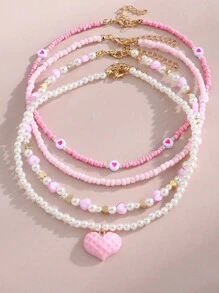 4pcs/Set Pink Heart & Butterfly Decor Pearl Bead Handmade Children Necklace - Pink - View 6