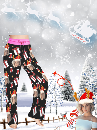 [DIY] Customized Women's Long Funny Pajama Pants For Christmas, Custom Portrait Photo, Novelty Gag Gift, Large Head Photo, Face Replacement, Lightweight Breathable Quick-Drying Silky Soft Fabric, Gift For Friend/Partner, Party/Birthday