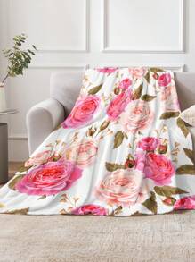 1 peça de cobertor de pelúcia macio com estampa de flor rosa e planta floral aquarela, adequado para sala de estar, sofá, cadeira e quarto, versátil para todas as estações, ótimo para viagens, acampamentos e como presente - Multicolorido - Ver 4