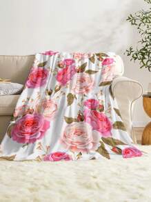 1 peça de cobertor de pelúcia macio com estampa de flor rosa e planta floral aquarela, adequado para sala de estar, sofá, cadeira e quarto, versátil para todas as estações, ótimo para viagens, acampamentos e como presente - Multicolorido - Ver 7