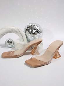 Women's Summer New High Heel Slippers, Elegant Transparent High Heel Sandals, Fashionable Asymmetric Crystal Heel Sandals, Suitable For Evening, Party, Wedding, Office And Other Occasions, Paired With Women's Clothing