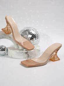 Women's Summer New High Heel Slippers, Elegant Transparent High Heel Sandals, Fashionable Asymmetric Crystal Heel Sandals, Suitable For Evening, Party, Wedding, Office And Other Occasions, Paired With Women's Clothing