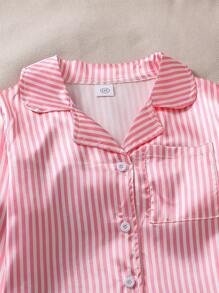 Left Mama Tween Girls Striped Collar Shirt Top And Casual Pants Set, Spring/Autumn - Pink - View 3