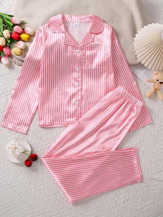 Left Mama Tween Girls Striped Collar Shirt Top And Casual Pants Set, Spring/Autumn