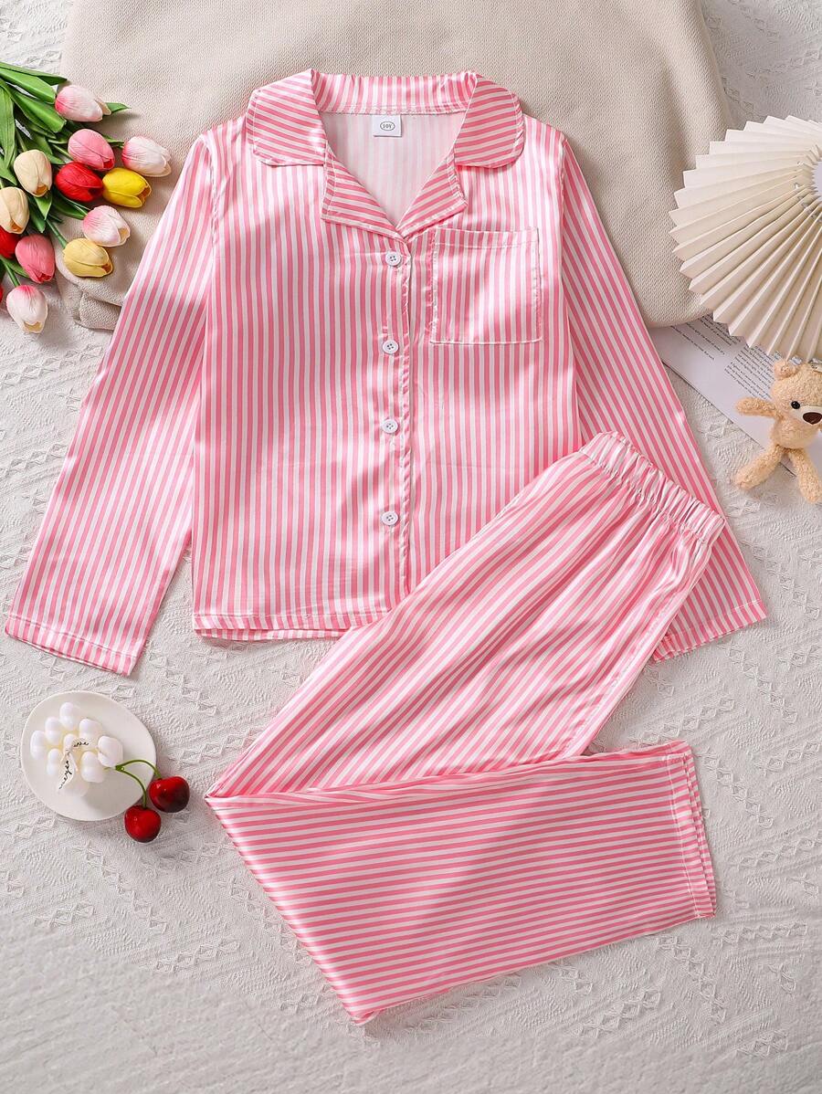 Left Mama Tween Girls Striped Collar Shirt Top And Casual Pants Set, Spring/Autumn - Pink - View 1