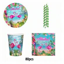80pcs Flamingo Beach Party Supplies, Summer Theme Birthday Decoration Set For Home Party, Including 20pcs 7-Inch Paper Plates, 20pcs Paper Straws, 20pcs Napkins, 20pcs Paper Cups,Christmas