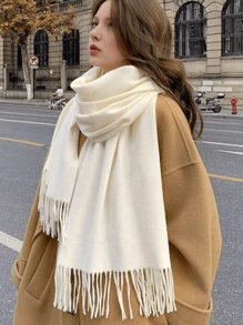 1pc 2025 Autumn/Winter New Women's Solid Color Thin Tassel Scarf, Multi Functional Fashion Warm Shawl, Unisex Outdoor Warm Neck Scarf
