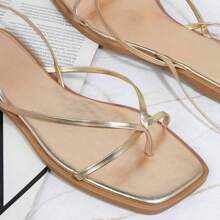 Chic Lace-Up Square Toe Flats With Clip-On Adornments - Perfect For Summer! French-Inspired Style. - Vàng - Xem 3