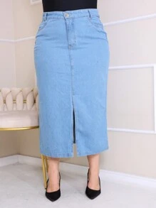 Denim Midi Skirt With Front Slit High Waist Modern Plus Size - 淺色水洗藍 - 查看 5