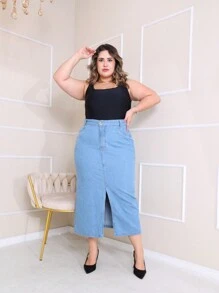 Denim Midi Skirt With Front Slit High Waist Modern Plus Size - 淺色水洗藍 - 查看 4