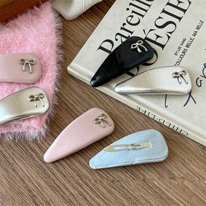 优雅蝴蝶结银色皮革发夹，简约刘海发夹，个性化BB夹侧边发饰，情人节礼物，校园用品，大学，蝴蝶结，可爱，发饰