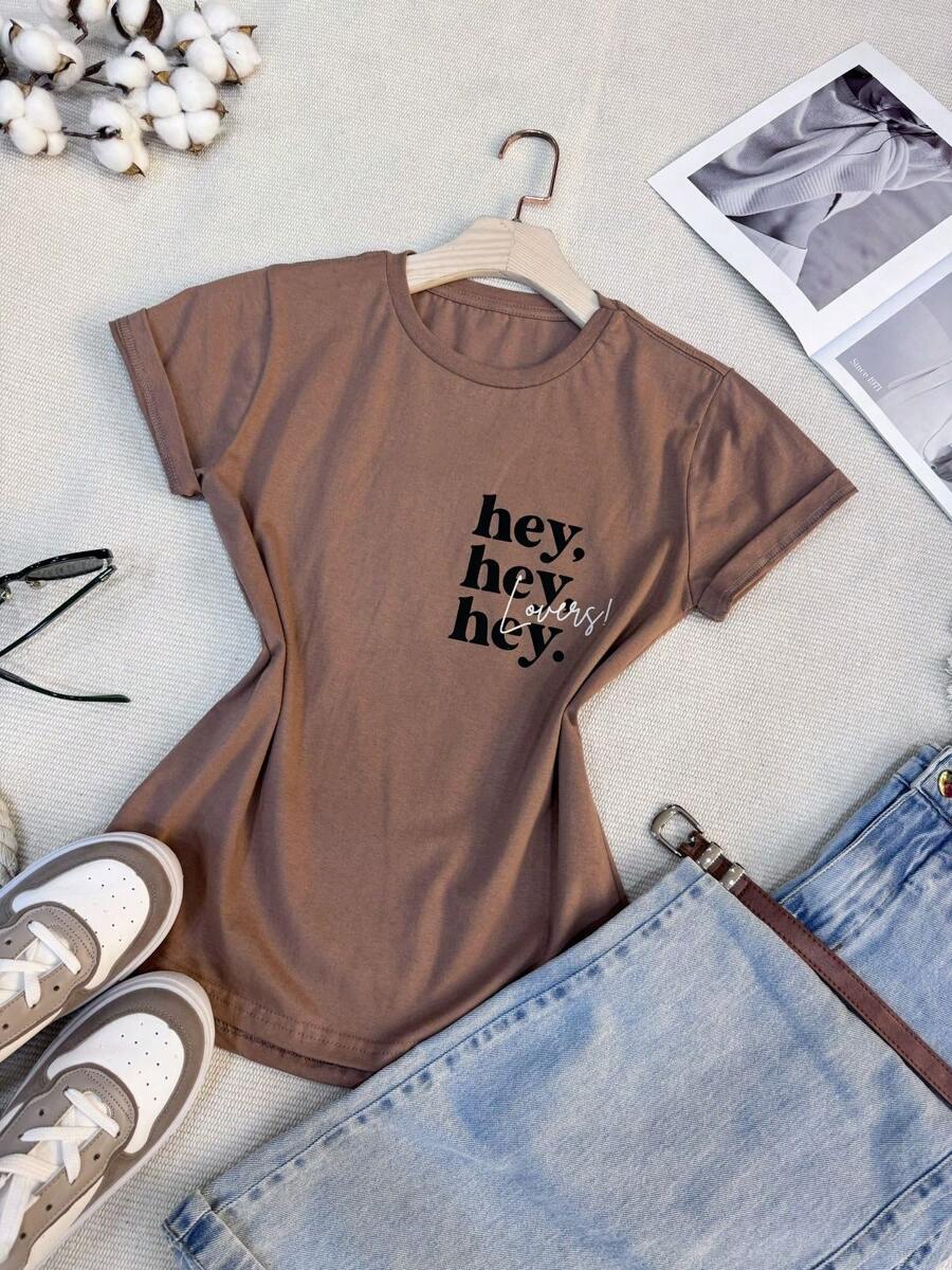 Cotton T-Shirt With HEY HEY HEY Love Print - Marrón - Ver 1