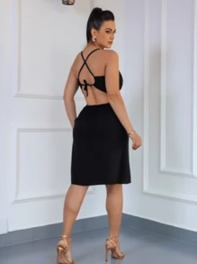 Cross Back Dress With Bow Neckline - 黑色 - 查看 2