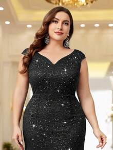 优雅亮片蕾丝心形领无袖网纱美人鱼正式派对长裙，适合舞会、晚宴、婚礼宾客、生日、毕业典礼、返校节等场合。 - 黑色 - 查看 7