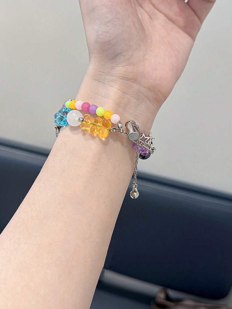 1 Dây đeo hình chú gấu màu kẹo dễ thương - Dây đeo thay thế sáng tạo đính hạt hai hàng của Apple tương thích với Apple Watch Series 9/8/7/6/5, dành cho nữ mùa hè Ultra2 New SE - Đầy màu sắc - Xem 9