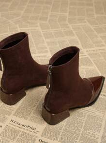 2026秋季新款优雅简约酒红色短靴，粗跟低跟尖头鞋，百搭踝靴，时尚女款踝靴 - 酒紅色 - 查看 5