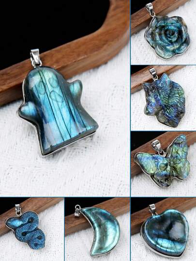 1pc Labradorite Natural Stone Crystal Pendant For Necklace Gem Stone Wolf Butterfly Crystal Carving Flash Healing Energy Pendants Jewelry H482