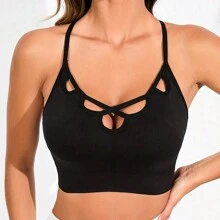 Black Sexy Hollow-Out Spaghetti Strap Sports Bra For Women, Breathable Yoga Camisole - Black - View 7