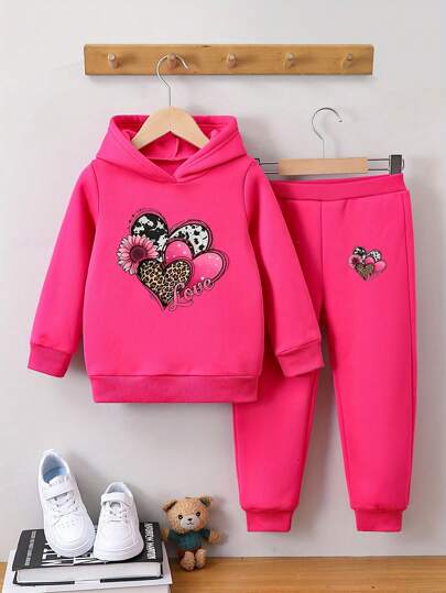 2 pezzi/Set Felpa con cappuccio e pantaloni della tuta con stampa a cuore per giovani ragazze, completo caldo, autunno/inverno