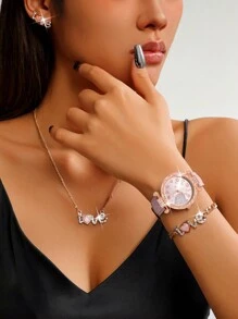 Ladies Watch 1Pc Fashion Gorgeous Heart Digital Dial Quartz Watch And 4 Pcs/Set Love Necklace,Earrings,Bracelet Jewelry Set Suitable For Women Party,Holiday,Birthday Wear Or As Sisters,The Best Gift For A Lady(No Box)