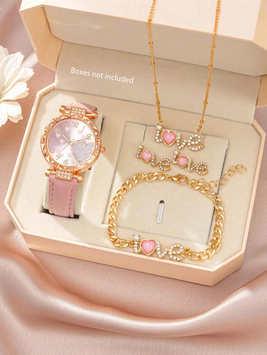 Ladies Watch 1Pc Fashion Gorgeous Heart Digital Dial Quartz Watch And 4 Pcs/Set Love Necklace,Earrings,Bracelet Jewelry Set Suitable For Women Party,Holiday,Birthday Wear Or As Sisters,The Best Gift For A Lady(No Box)