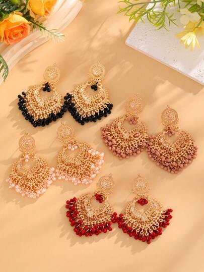EVBEA 1 Pair Exaggerated Bohemian Style Bead & Tassel Earrings, Suitable For Women Daily Wear