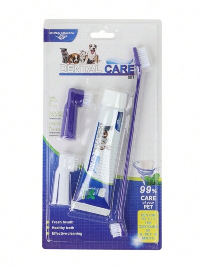 Set aleatorio de cepillo de dientes y pasta de dientes para mascotas, para limpieza de dientes de perros y gatos, kit de cuidado dental para perros, limpieza fácil de dientes y cuidado dental para perros y gatos con dientes suaves, incluye pasta dental para perros, cepillo de dientes doble cara y cepillo de dedo