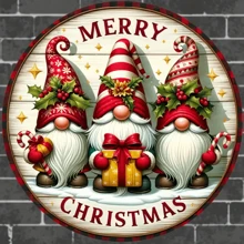 1 Peça Placa Decorativa de Metal Plana 2D de 7,87 Polegadas com Gnomo de Feliz Natal, Placa Decorativa Estilo Fazenda, Placa de Metal para Pendurar no Quintal, Acessório de Guirlanda, Decoração Externa de Jardim, Decoração de Parede de Cozinha, Placa de Uso Duplo Interno/Externo, Ornamento de Feriado de Natal, Presente Criativo de Feriado, Furos Pré-Perfurados - Multicolorido - Visão 3