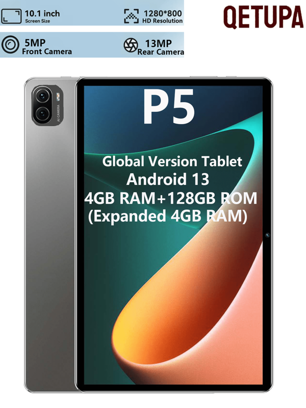 Qetupa Tablette Android 13 de 10,1 pouces, 4 Go de RAM (extensible à 4 Go) + 128 Go de ROM, processeur MTK 6797 jusqu'à 2,0 GHz, 6000 mAh, double caméra 5MP + 13MP, BT 5.0, écran tactile 1280 * 800, Wi-Fi 5G/2,4G