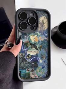 1 pieza Funda de teléfono anti-caída gruesa con diseño de pintura al óleo de collage de estrellas y pájaros compatible con iPhone 11, 12, 13, 14, 11 Pro Max, 12 Pro Max, 13 Pro Max, 14 Pro Max, XR, 15, 15 Pro, 15 Pro Max, y Samsung Galaxy A05, A15, A25, A35, A55, S23, S24