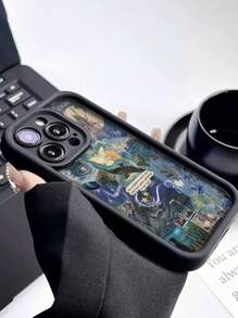 1 pieza Funda de teléfono anti-caída gruesa con diseño de pintura al óleo de collage de estrellas y pájaros compatible con iPhone 11, 12, 13, 14, 11 Pro Max, 12 Pro Max, 13 Pro Max, 14 Pro Max, XR, 15, 15 Pro, 15 Pro Max, y Samsung Galaxy A05, A15, A25, A35, A55, S23, S24