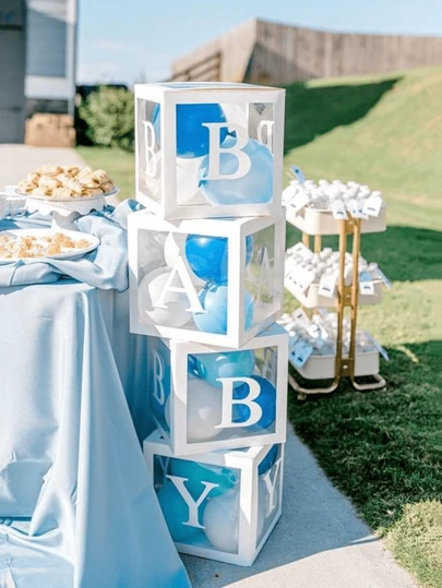 带 4 个字母的气球盒白色透明气球盒积木，适用于淋浴和生日派对、派对装饰生日、淋浴装饰、性别揭示生日装饰