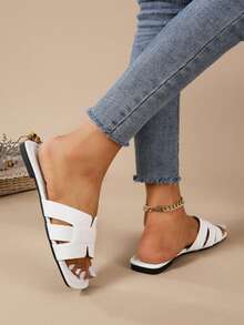 韩式简约百搭学院风女士拖鞋 - 白色 - 查看 2