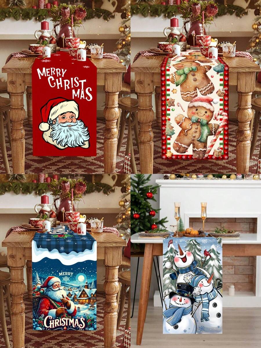 1 件圣诞主题桌旗，涤纶桌旗，圣诞老人、姜饼人和雪人设计，35x180 厘米，适用于圣诞派对家居餐桌装饰