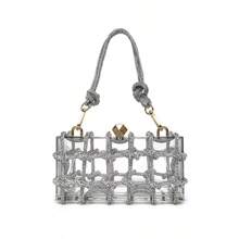 Transparent Silver Acrylic Box Bag Handmade Beaded Rope Decor Mini Square Armpit Handbag Crossbody Purse For Women