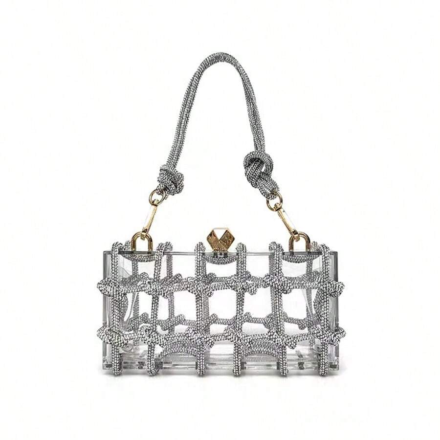 Transparent Silver Acrylic Box Bag Handmade Beaded Rope Decor Mini Square Armpit Handbag Crossbody Purse For Women