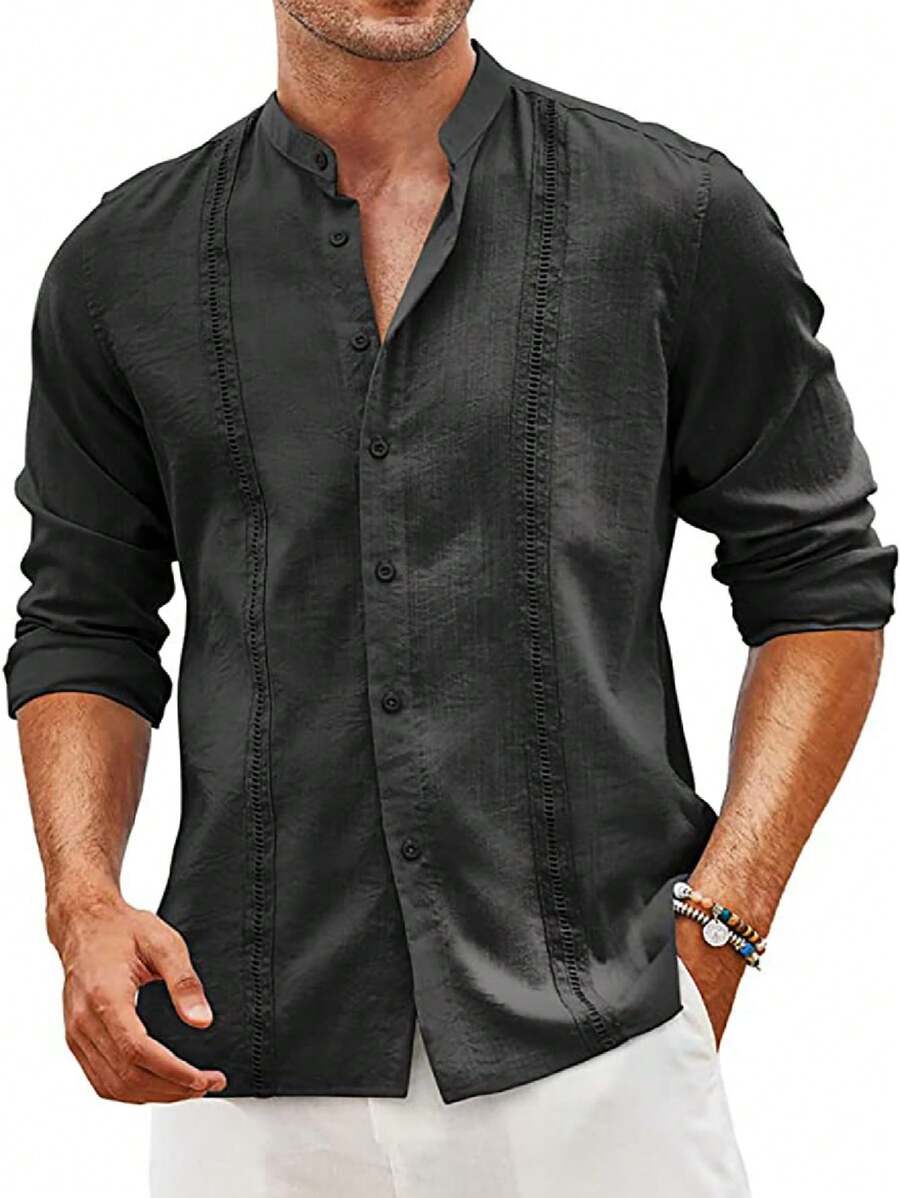 Men's Social Long Sleeve Guayabera Casual Shirt - 黑色 - 查看 1
