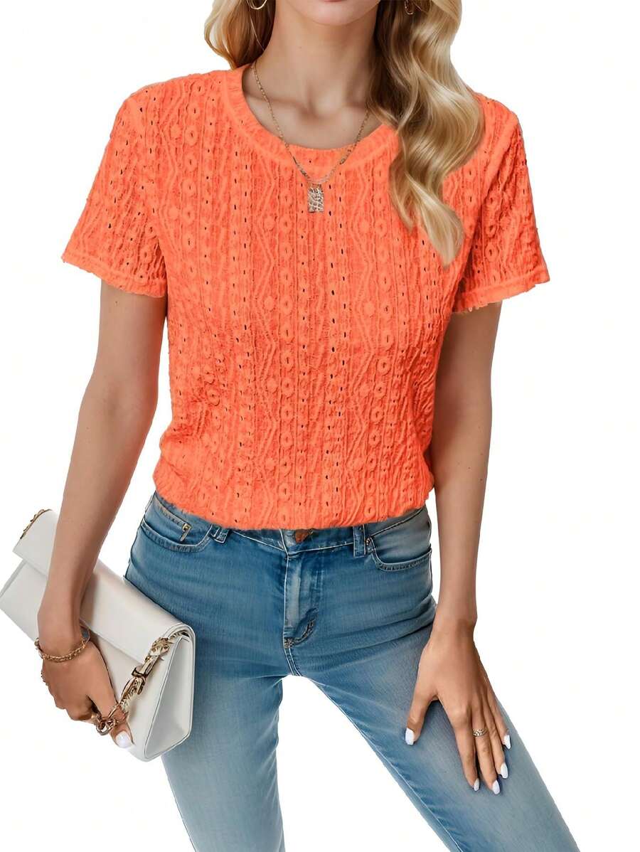 Women's Crew Neck Short Sleeve Eyelet Embroidery Casual Holiday T-Shirt - trái cam - Xem 1