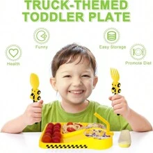 3-Piece Set/5 Pieces Set PP Children's Tableware Baby Car Fun Theme Dinner Plate Fork Spoon 3D Cartoon Shape Let The Baby Enjoy The Fun Of Eating High Temperature Resistant And Easy To Clean Multiple Colors Available - Color - View 3
