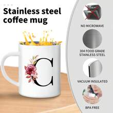 1PC, Letter Flower Print A-Z Double Wall Coffee Mug, Stainless Steel Cups, Novelty Metal Coffee Mug Gifts For Men, Monogrammed Gifts For Women, Christmas Gifts, Birthday Gift, 11 OZ White Back To School - Multicolor - View 4