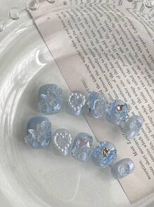 手工制作的全新冰蓝色蝴蝶珍珠海滩度假钻石，适合派对或聚会按压指甲美甲用品指甲 - 彩色 - 查看 3