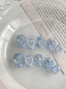 手工制作的全新冰蓝色蝴蝶珍珠海滩度假钻石，适合派对或聚会按压指甲美甲用品指甲 - 彩色 - 查看 2