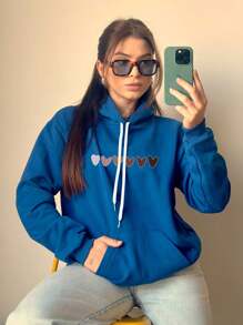 Cold Weather Blouse With Hoodie And Pocket Winter Coat Love Cutie Heart Print 7032 - 寶藍色 - 查看 4