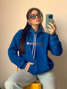 Cold Weather Blouse With Hoodie And Pocket Winter Coat Love Cutie Heart Print 7032 - 寶藍色 - 查看 3