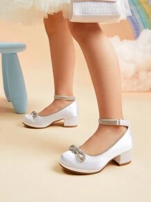 Girls Dress Shoes Low Heel Rhinestones Ankle Strap Princess  Shoes Bow Flower Party Wedding School Pump For Toddler Little Big Kid - 白色 - 查看 3